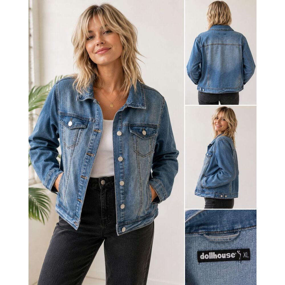 VTG Dollhouse XL Light Wash Denim Jacket Lightweight Stretch Trucker Blue Y2K #V
